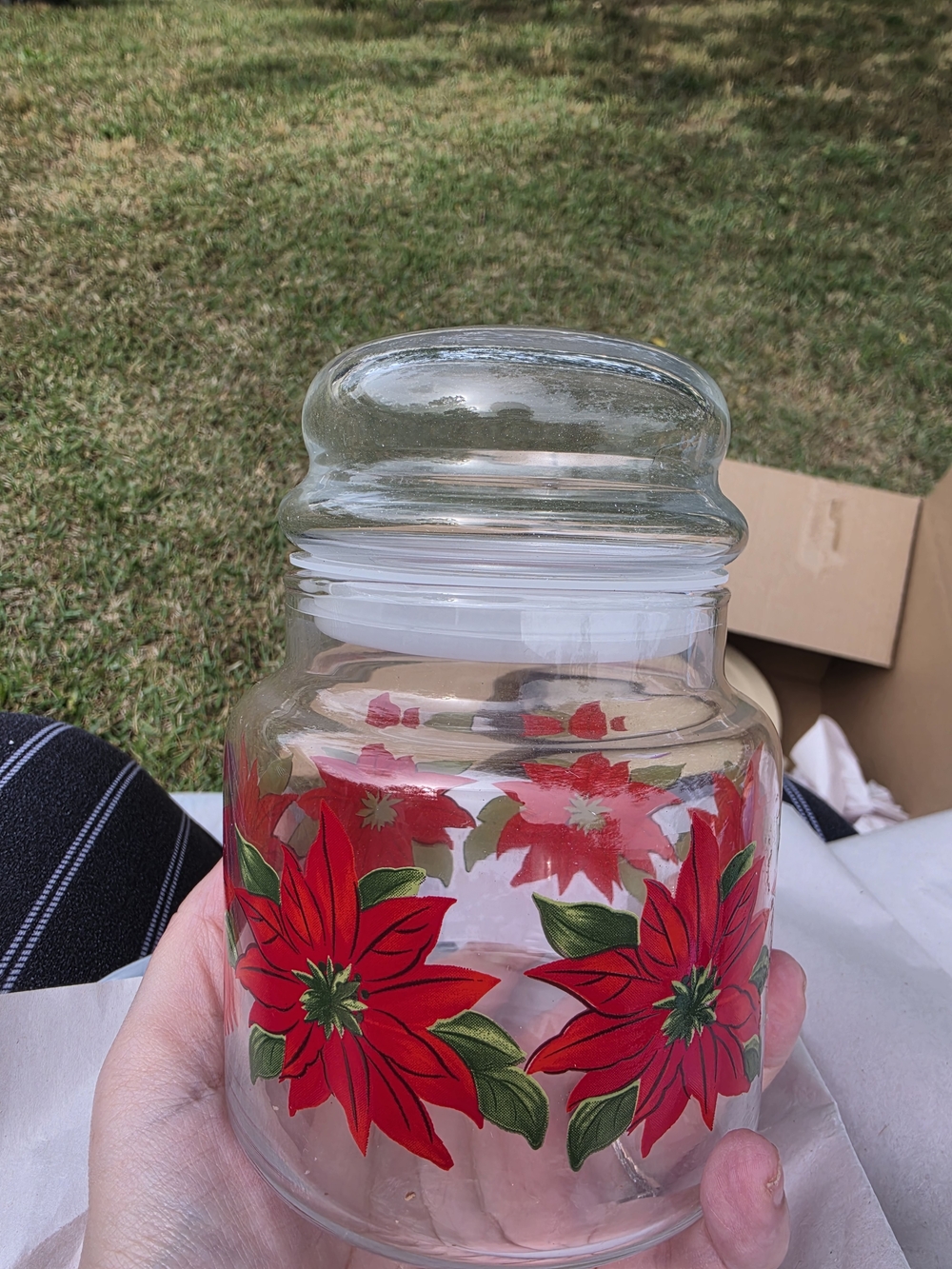Glass Cookie Jar with Red Poinsettia Design